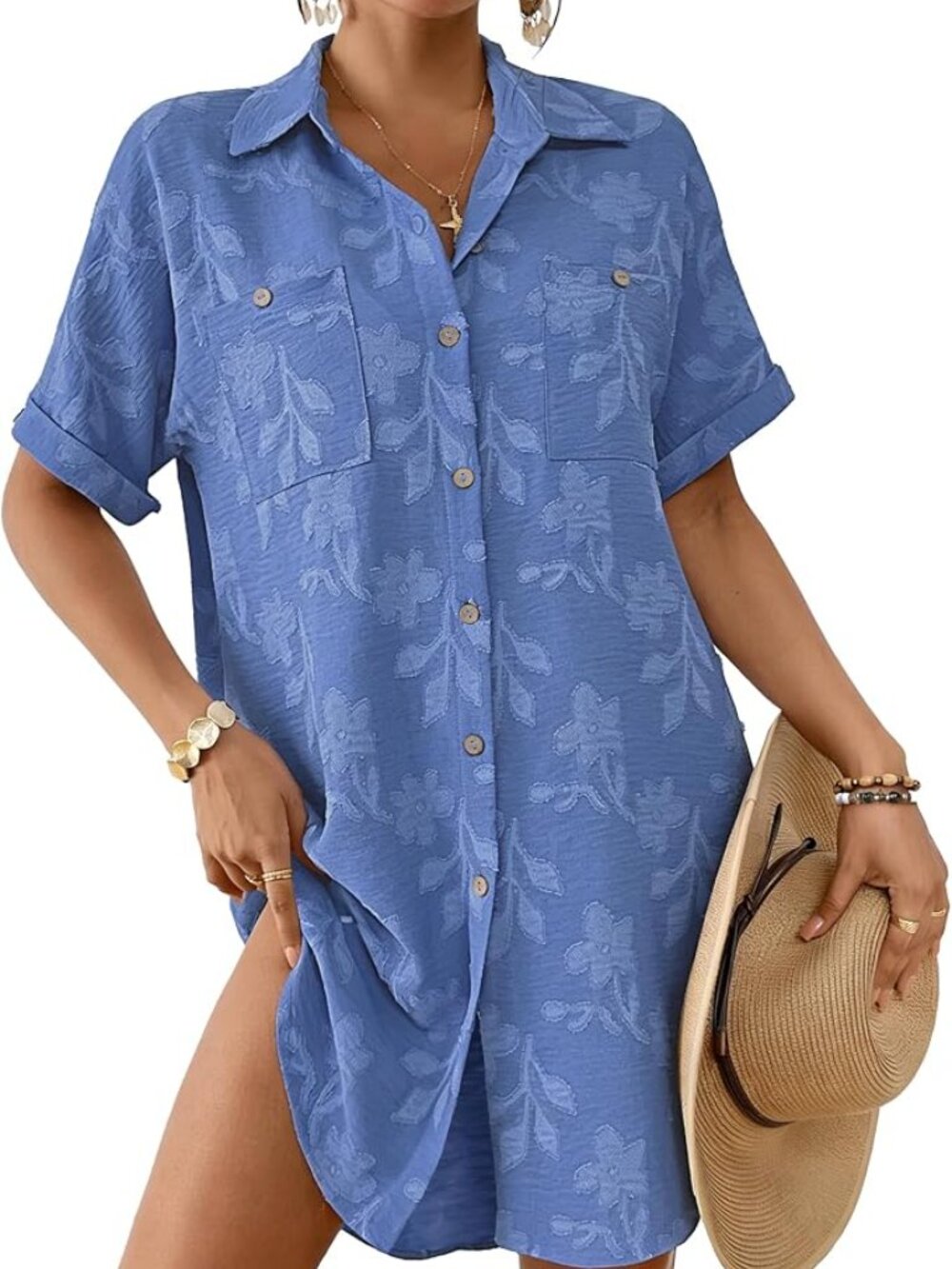 Blue Floral Short-Sleeve Beach Coverup